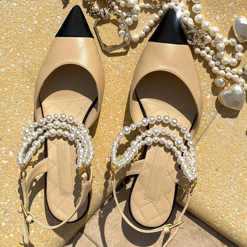 New Buckle Pearl Pumps Women Slingbacks High Heels Women Pointed Toe Dress Shoes Women Mary Janes Sandalias de las mujeres