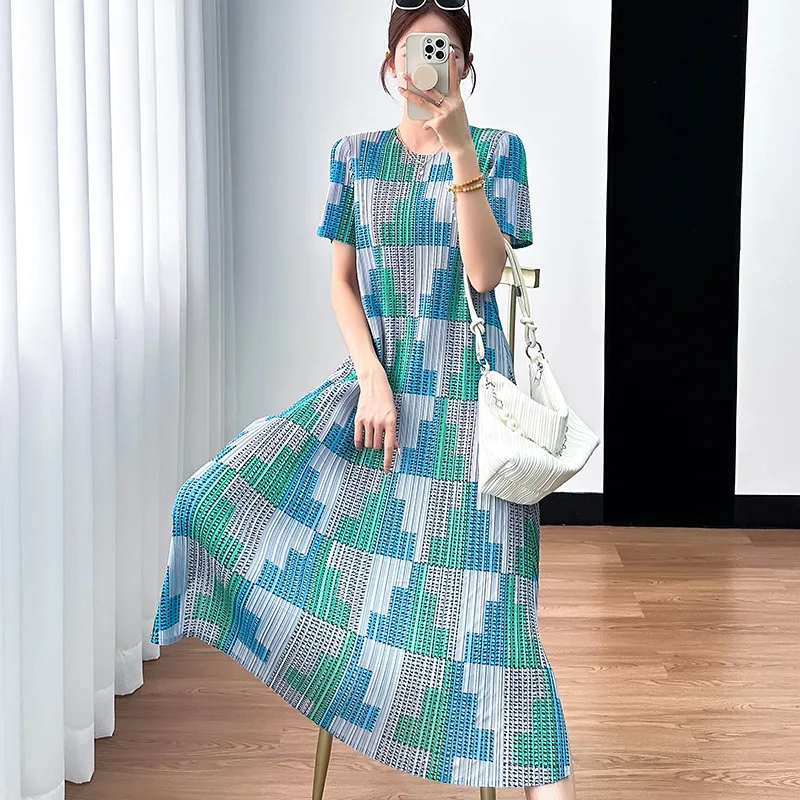 

Miyake Pleated Skirt for Women 2024 Summer New Trendy Printed High-end Niche Age-reducing Slimming Casual Mid-length Dress