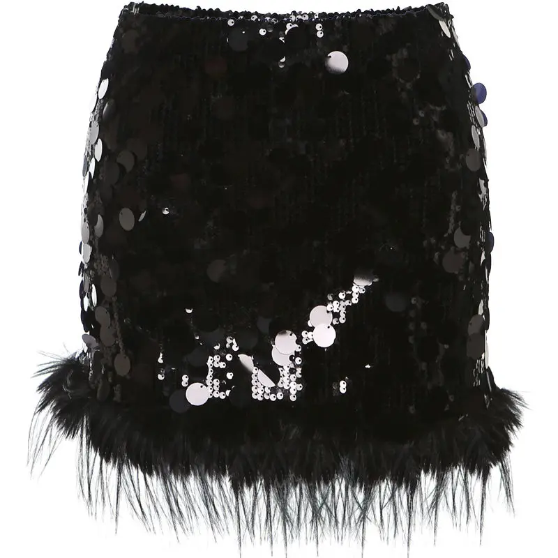 Sexy Sparkly Korean Women's High Waisted Sequin Skirt Elegant Plush Spliced Party Skirt