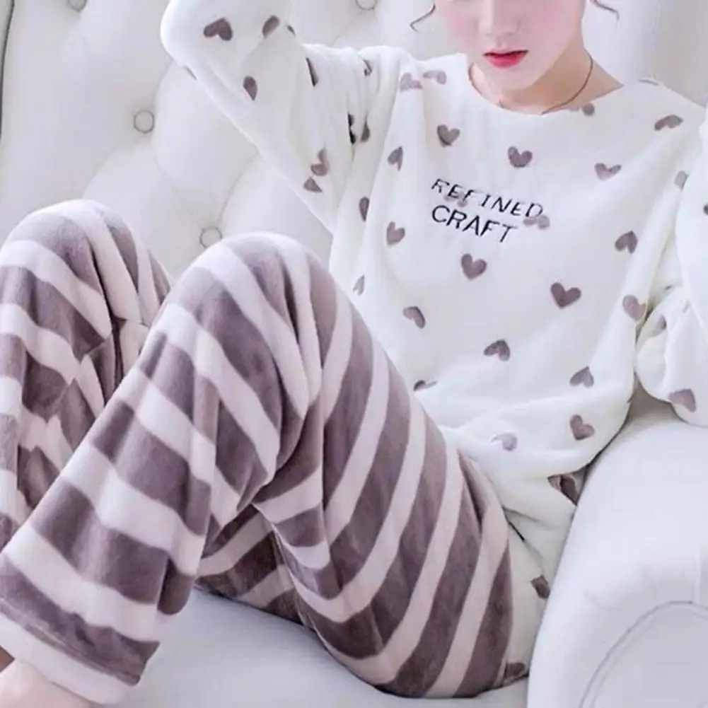 Women\'s Autumn Winter Warm Flannel Women Pyjamas Sets Thick Coral Velvet Long Sleeve Cartoon Sleepwear Thin Flannel Pajamas Set