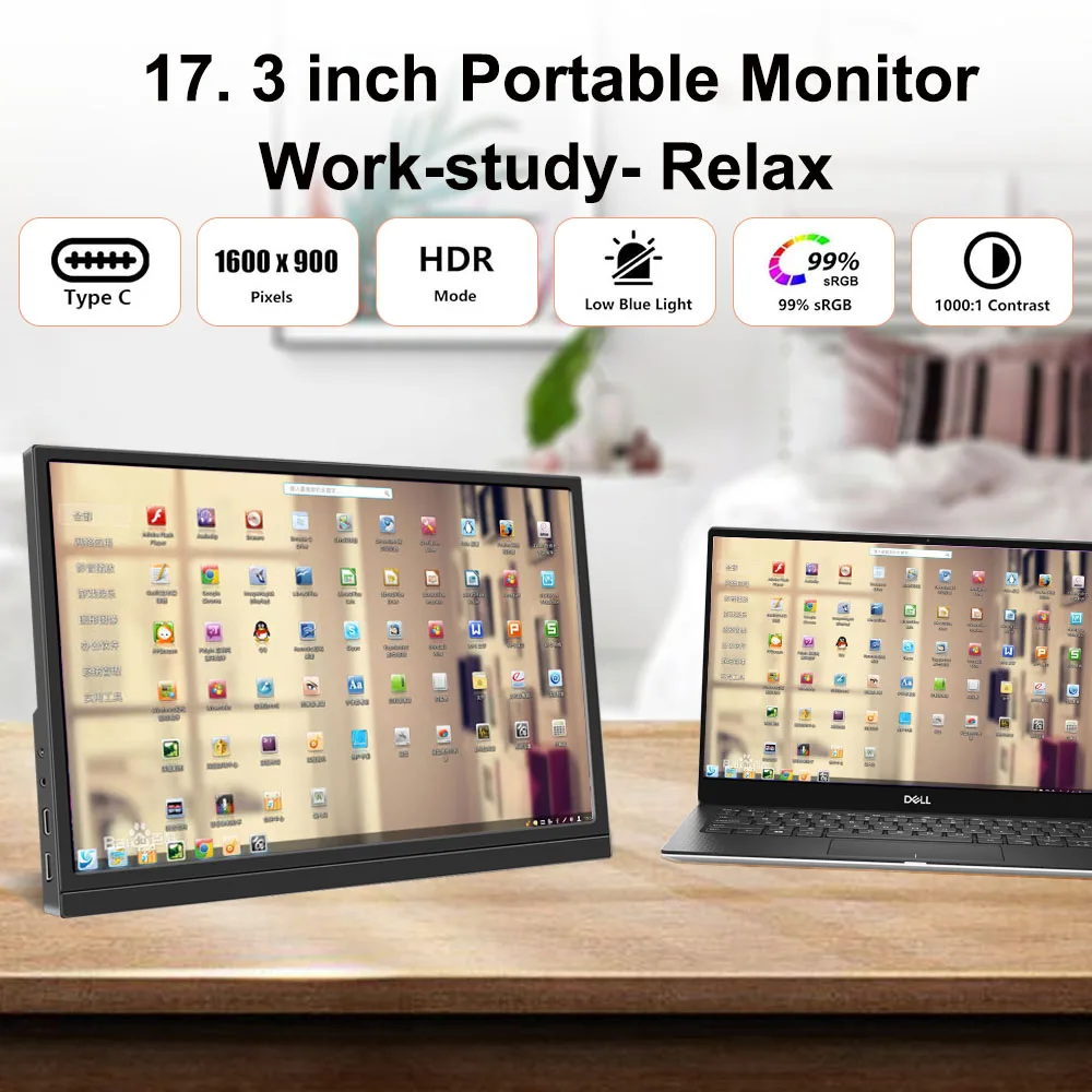 Portable Monitor 17.3 Inch HD HDMI USB Type-C Monitor for Laptop Second External Monitor for Computer Desktop PC