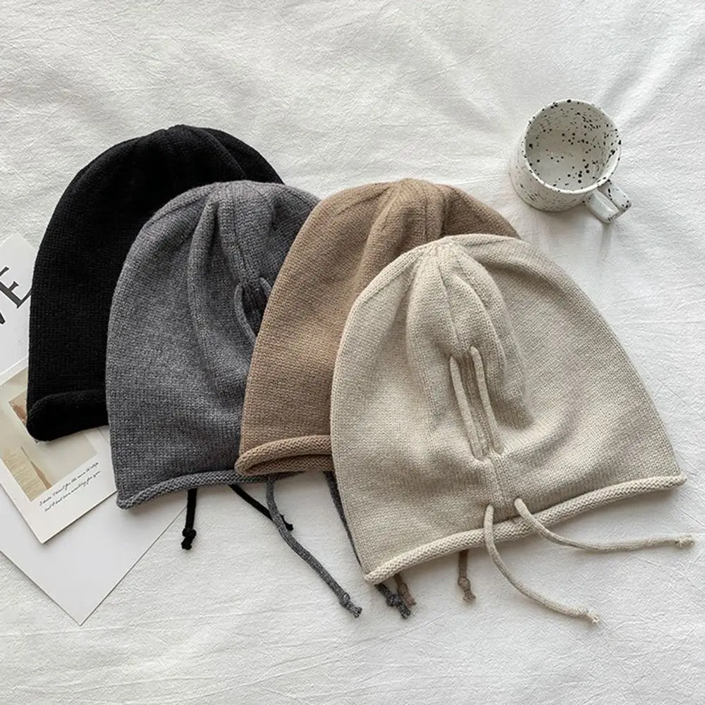 Soft Knitted Baggy Beanie Hat Ear Protection Sweet Solid Color Pullover Hat Y2k Korean Style Drawstring Wool Cap Autumn/Winter