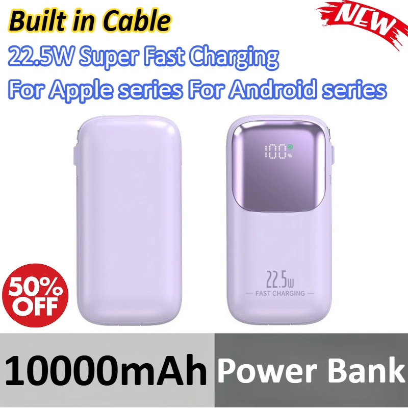 

10000mAh Power Bank with Built in Cable 22.5W Super Fast Charging Portable Charger for IPhone for Samsung for Xiaomi for Huawei
