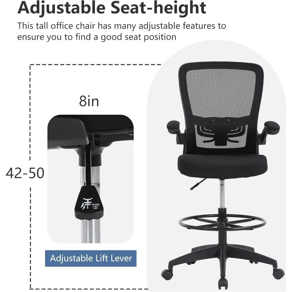 Sedia da disegno ergonomica sedia da ufficio alta sedia da scrivania regolabile alta con supporto lombare poggiapiedi con schienale in rete Flip-Up