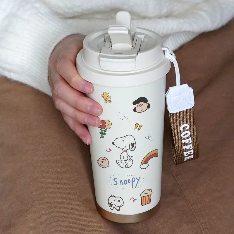 Cartoon Cute Snoopy Anime Peripheral Thermos Cup Women's Heart Stainless Steel Large Capacity Coffee Cup Straw Water Cup Gift