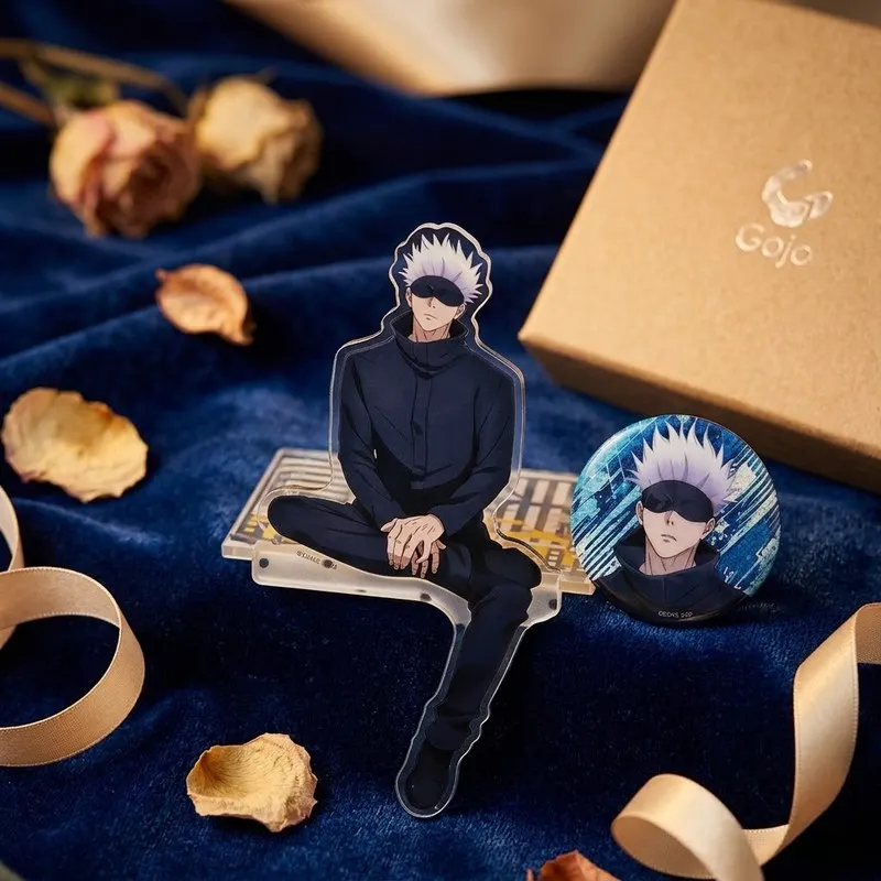 Sitting Acrylic Standee with Pin Badge Set of 2 Anime Display Ornament Shelf Table Decoration Collection Gift
