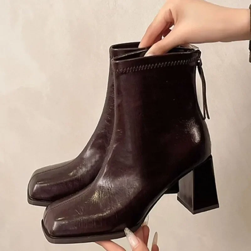 

Fashion Spliced Zipper Soft Sole Non-Slip Wear-Resistant Block Heel Leather Shoes Square Toe Booties