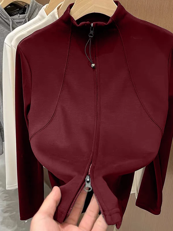 

plus Size Ladies Faion Zipper Open Cardigan Long Sve Stand Collar T-irt Autumn Winter Double-sided Velvet Warm Versati...