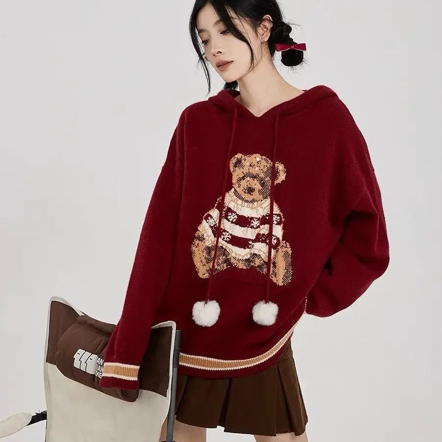 Gaganight Women Red Hooded Sweater 2024 Women's Spring Autumn Style Top Loose Lazy Style Bear Pullover Jacket Flesh Base Hoodie