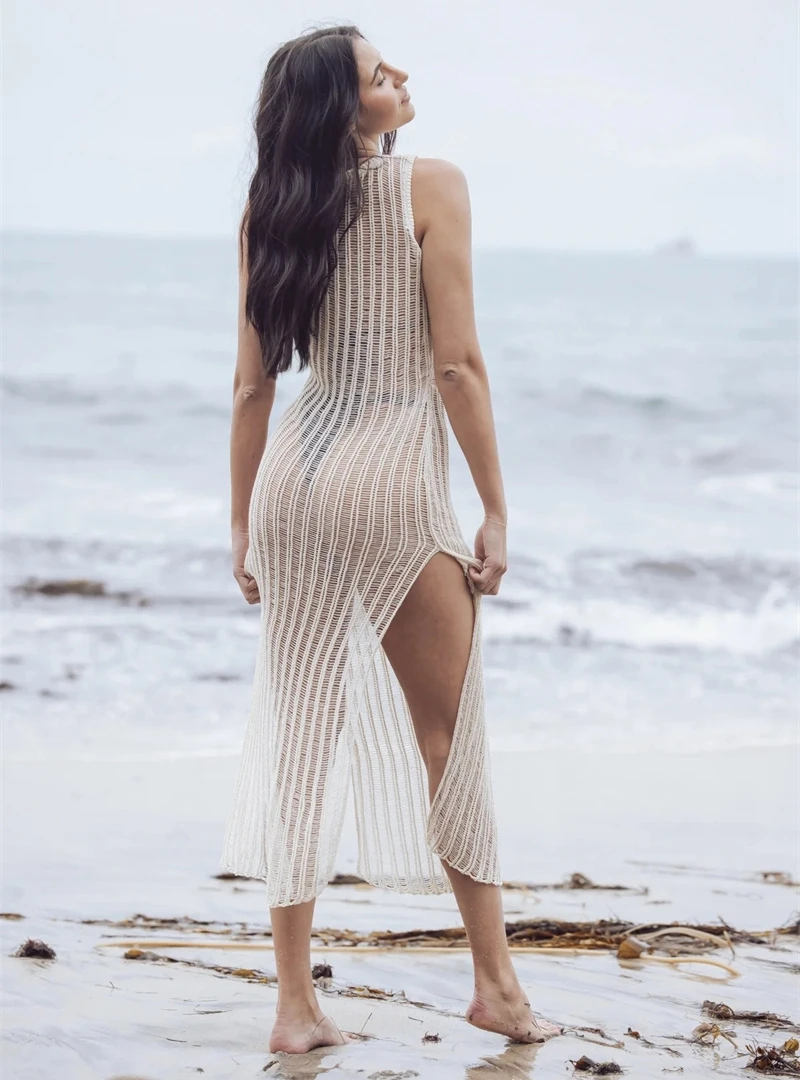 ผู้หญิงเซ็กซี่ด้านข้างดูผ่านชุดชายหาดยาวชายหาดโครเชต์บิกินี่ COVER-Up ฤดูร้อนชุดว่ายน้ํา Robe vestidos