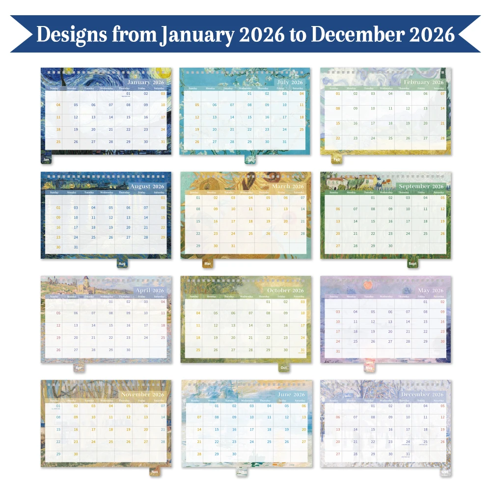 2026 Vintage Desk Calendar Painting Design With Monthly Sticker Index Daily/Weekly/Monthly Planner For Home Office School