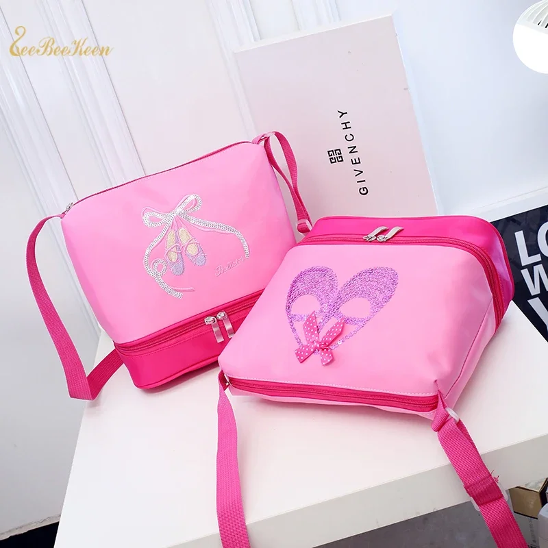 Girls Ballet Dance Bags 2 Layers Ballet Bag Embrory Sequins Ballerina Children Dance Bag Kids Pink Crossbody Bag For Dancing