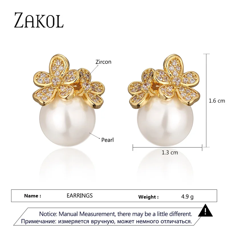 ZAKOL Exquisite Micro Inlay Zircon Flower Stud Earrings for Women Fashion Pearl Wedding Party Jewelry