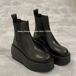 Black Metal Rivet Wedges Slip On Modren Boots Autumn New All-Match Casual Mid Calf Boots Round Toe Platform Lady Grace Boots