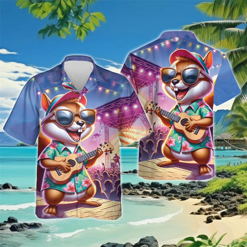 

Hawaiian Cute Squirrel Graphic Beach Shirts For Men Clothes Casual Cartoon Animal Blouses Funny Kawaii Short Sleeve Aloha Tops