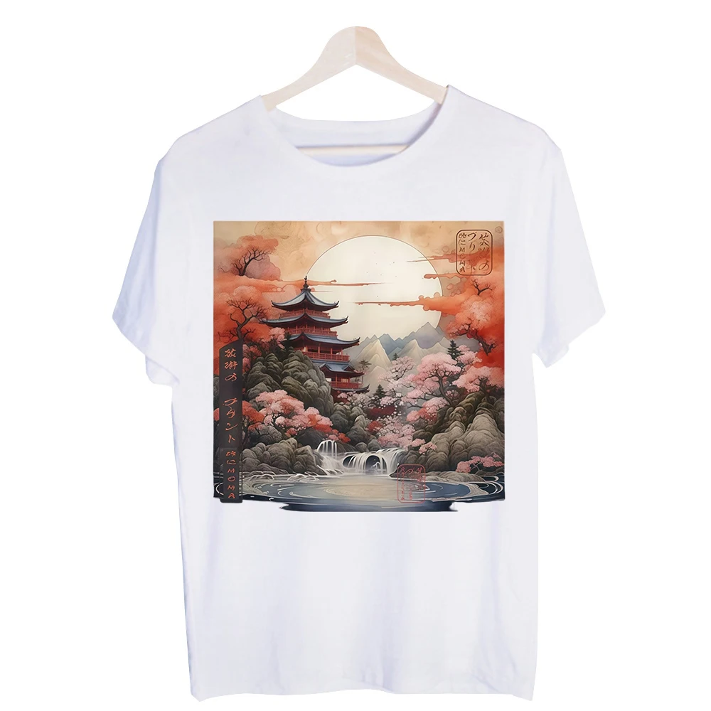 Men's Oriental Temple and Cherry Blossom Graphic Tee, Short Sleeve Crew Neck T-Shirt for Casual Daily Wear Summer Outfits