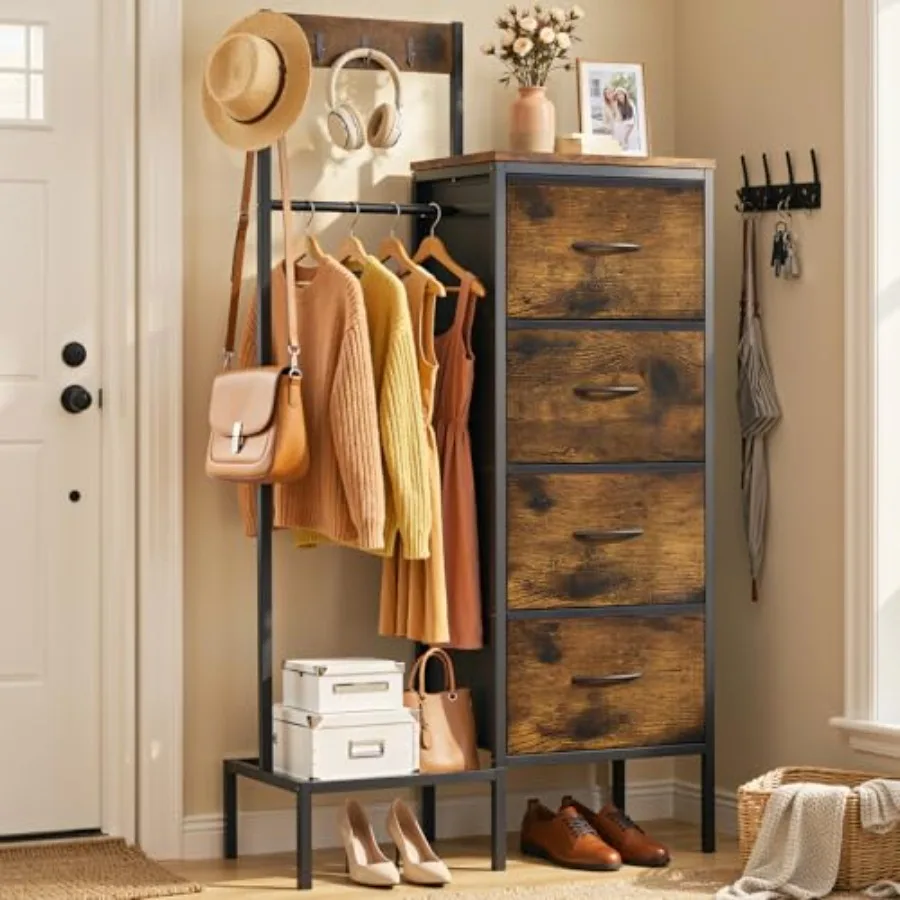 

Dresser with Hanging Rack and Storage Drawers, 4 Drawer Chest with Hooks and Hat Rack, Rustic Entryway Organizer for Clothes, B