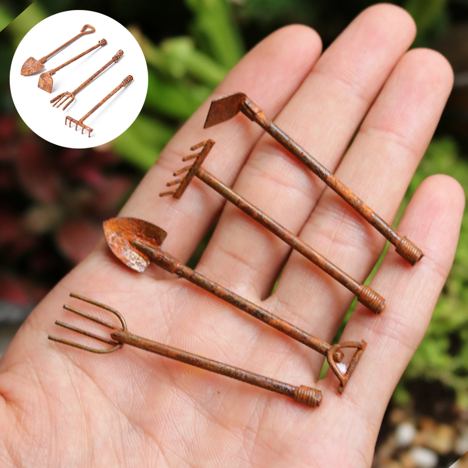 Miniature Fairy Garden Tool Set Metal Rusty Vintage Mini Shovel Rake Spade Garden Ornaments Decoration Accessories