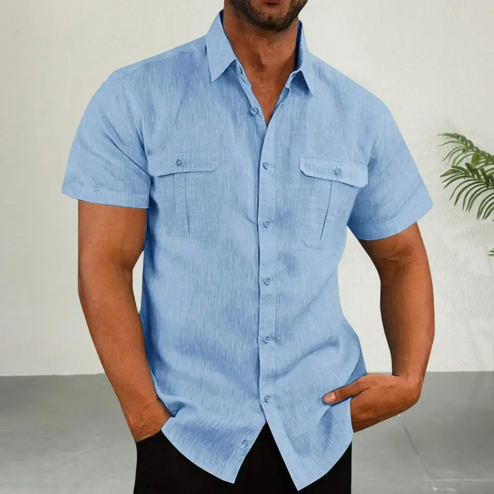 Spring Fall Men Shirt with Chest Pockets Turn-down Collar Button-down Top Short Sleeve Solid Color Loose Cardigan Casual Daily S