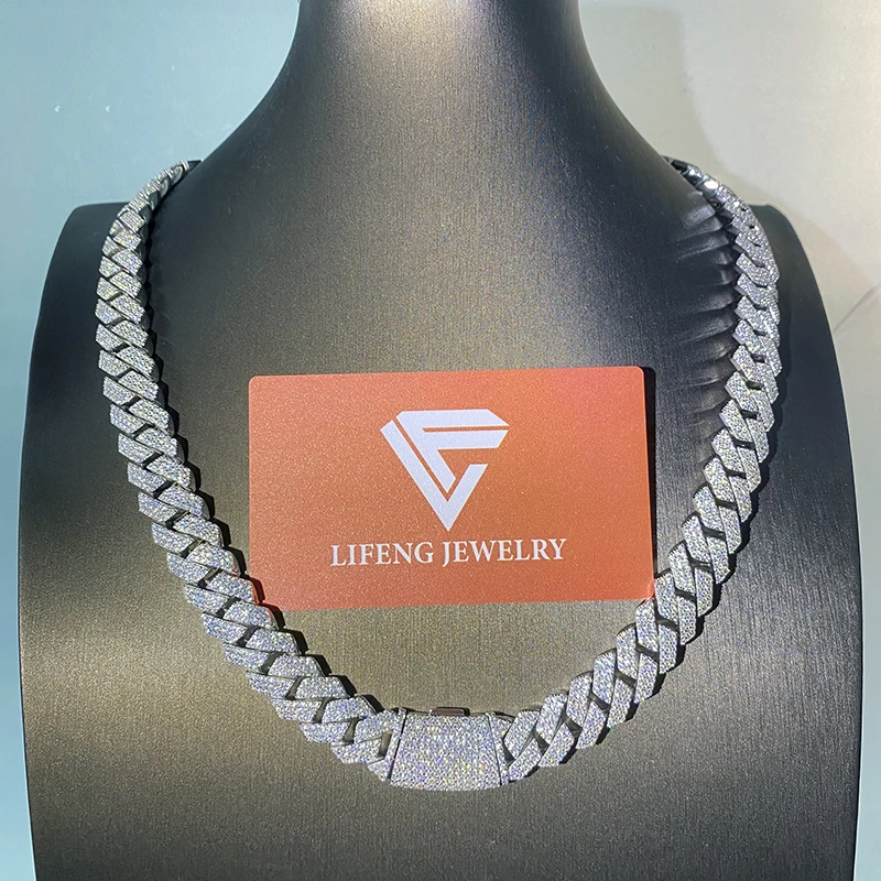 

New Arrival Fashion Jewelry 925 Silver Necklace 15MM Iced Out VVS Moissanite Diamonds 3 Rows White Gold Plated Cuban Link Chain