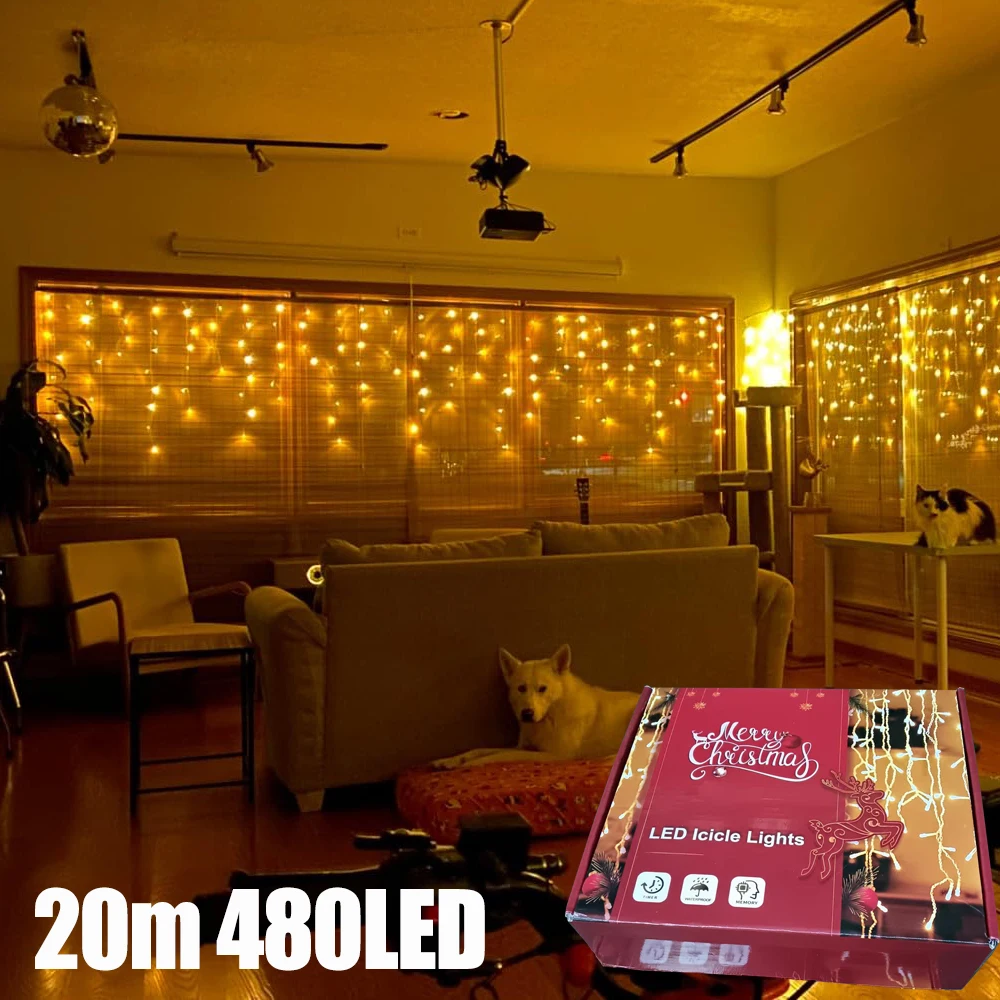 

Holiday Christmas Icicle String Lights Waterproof 20M 480LED 8 Modes , Plug in Curtain Waterproof for Wedding Party Home Garden