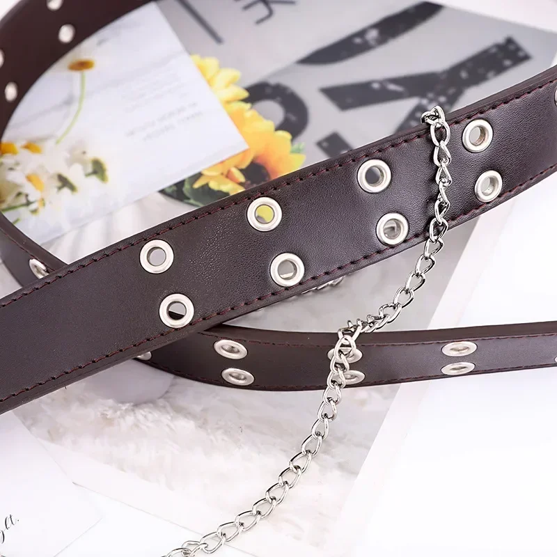 110cm Fashion Alloy Men Women Belt with Chain Luxury Genuine Leather Pin Buckle Belt Jeans Decorative Retro Decorative Punk Belt