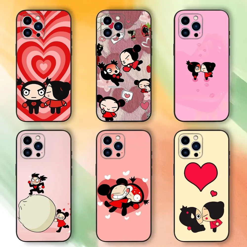 Cute P-Pucca G-Garu Cartoon Phone Case For iPhone 16,15,14,13,12,11 Plus,Pro Max,XS,X,XR,SE,Mini,8,7，Soft Silicone Black Cover