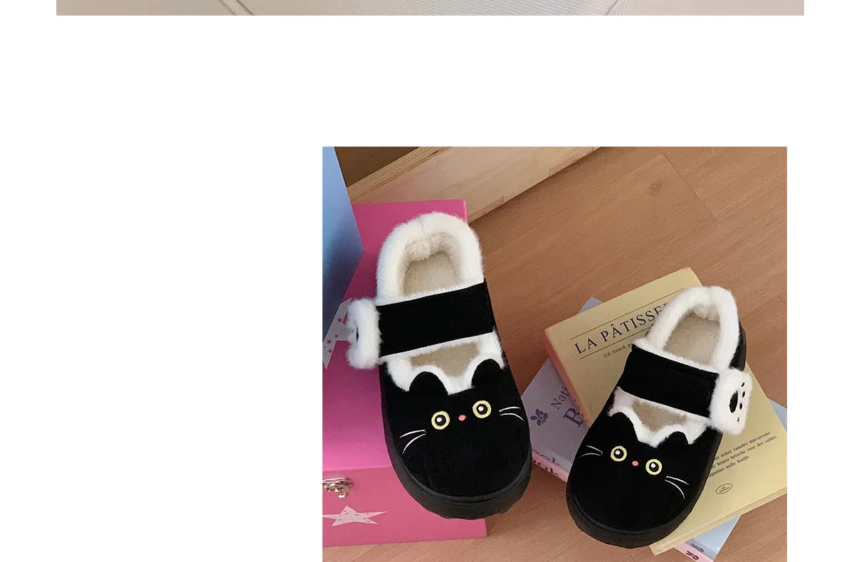 Neue schwarze flauschige Katzenpantoffeln für Damen, bezaubernde Tier-Schuhe, flauschige Hausschuhe, Damen-Winter-Plüsch-Mary-Jane-Slipper. – Detail 15
