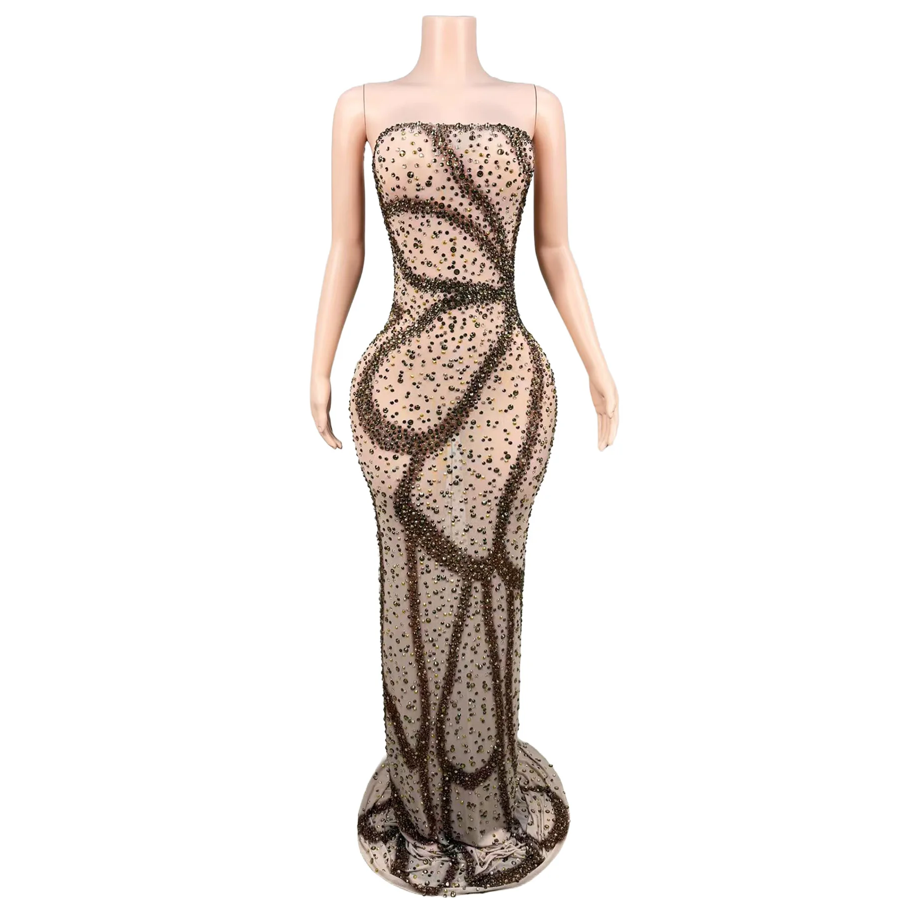 Anliu Luxury Abstract Swirl Brown Gold Rhinestone Mesh Maxi Dress Strapless Tube Top Singer Stage Evening Costume