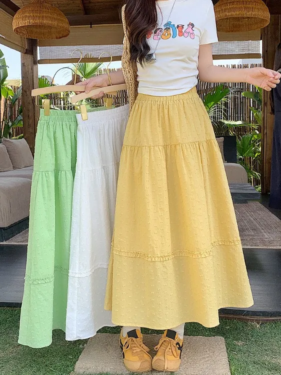 

Sweet Textured Earlet Lace Trim A-Line Skirt High Waist Women's Summer New Sle Midi Skirt plus Size Korean Sle Commute
