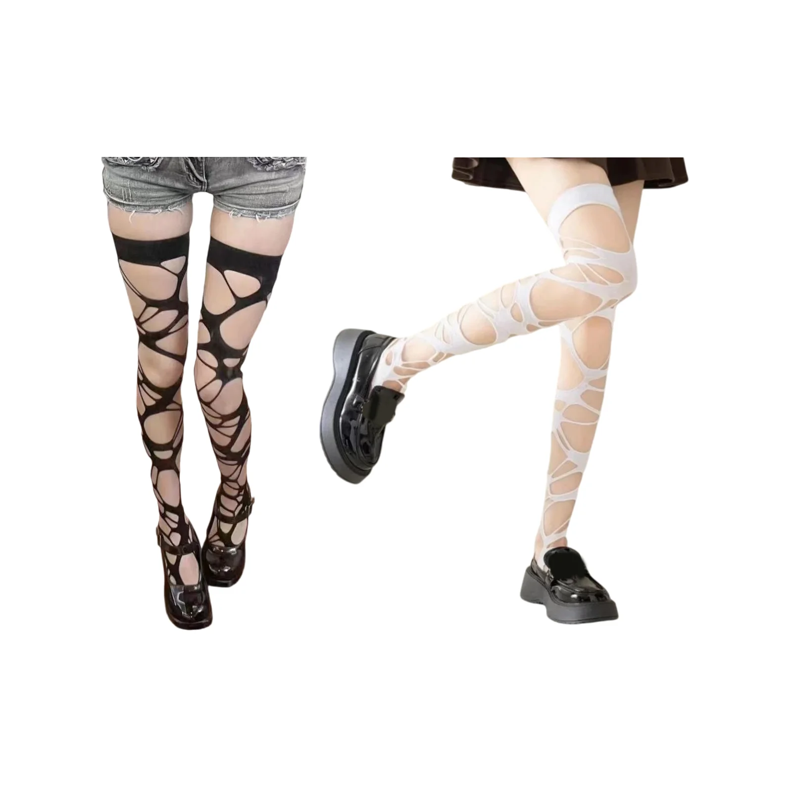 

Черно-белый двухцветный комплект чулок с нерегулярными прорезями.