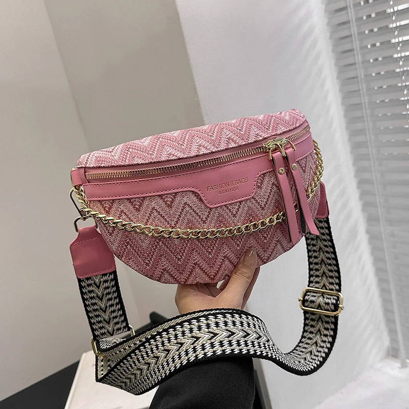 Luxury Wavy Pattern Chain Fanny Pack For Women Stylish Waist Pack Female Waist Bag Wide Strap Crossbody Chest Bag 2023 Trended