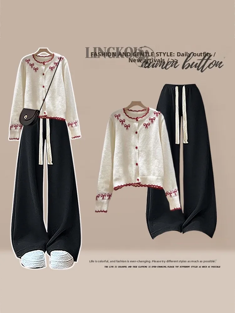 

Sweet Style Knitted Cardigan And High Waist Pants Two-Piece Set for Women Knot Design Autumn Collection Casual Wear