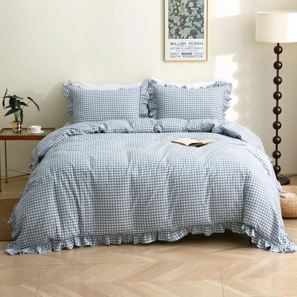 

Light Blue/White Plaid Ruffle Duvet Cover Set Twin Size,100% Washed Cotton 3 Pcs Vintage Checkered Chic Gingham Farmhouse Beddin