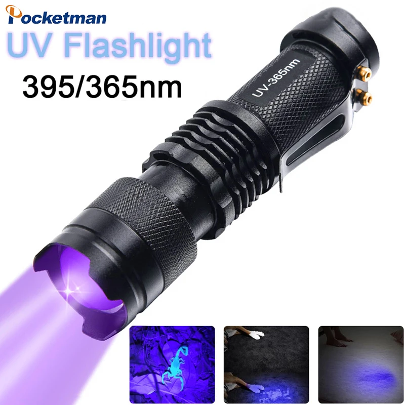 

Portable UV LED Flashlight Zoomable Ultra Violet Back Light Pocket 395/365nm Inspection Lamp Waterproof Ultraviolet Lamp