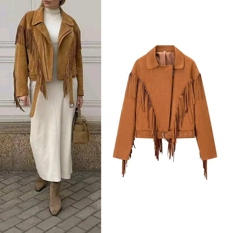 

Женское замшевое пальто в стиле ретро, осеннее новое поступление, длинное замшевое пальто с отложным воротником и бахромой, с широкими плечами для женщин