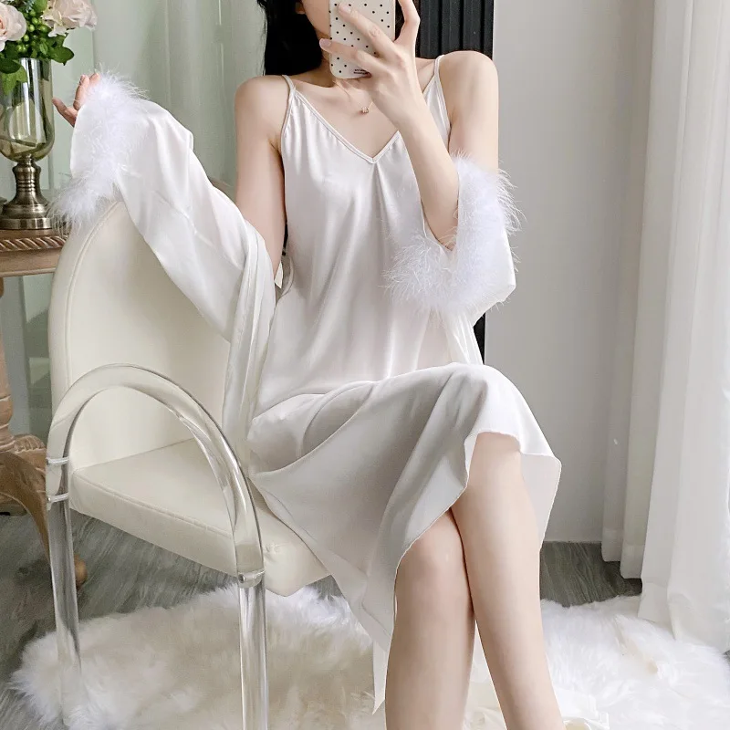 

Elegant Feathers Female Twinset Robe Set Nightgown Silky Rayon Long Kimono Bathrobe Gown Sexy Home Dress Loungewear Lingerie