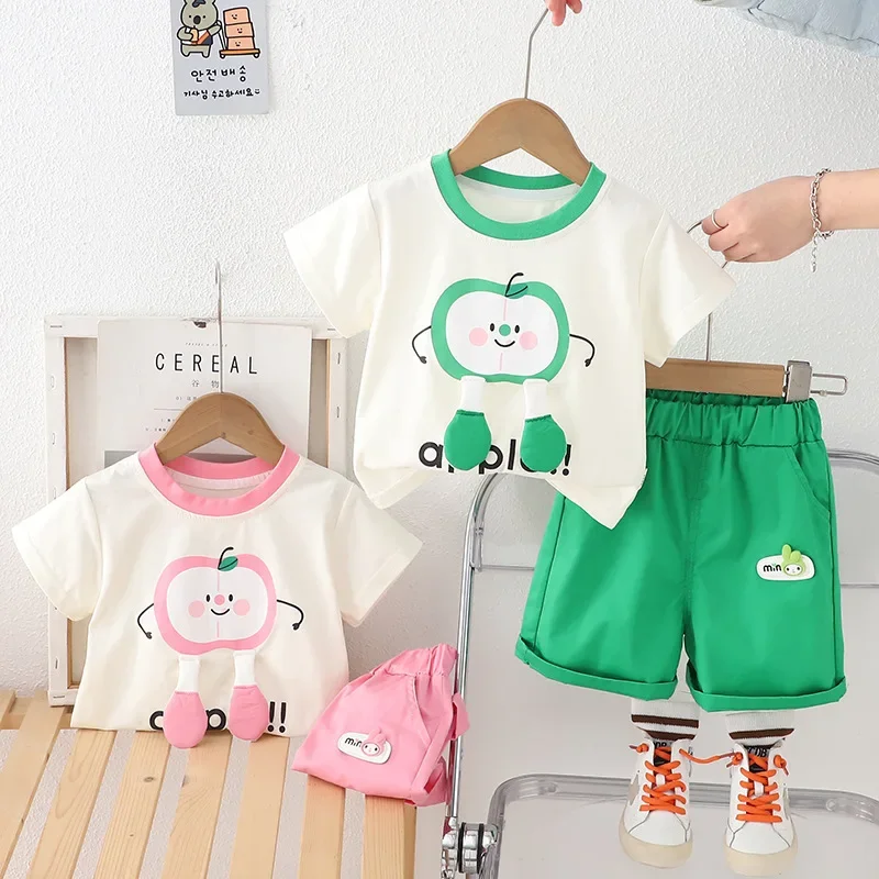 

2025 Summer Short sleeved Cartoon 3D Foot Children's Set Clothes Baby Cute Two piece Set for Middle and Small Children