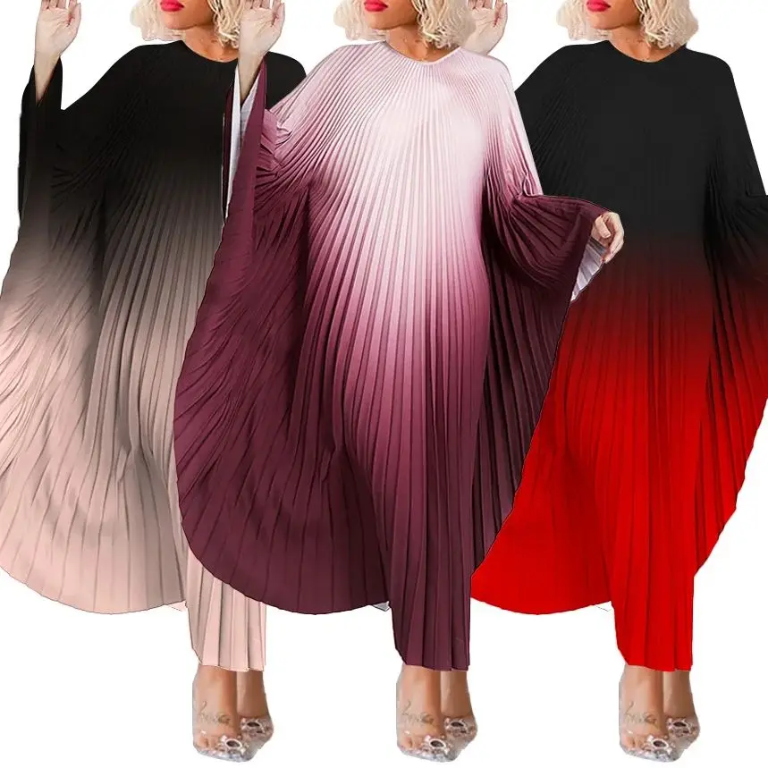 Plus Size Tie Dye Loose Elegant Dress Female Batwing Pleated Prom Women Long Robe 2023 Autumn Fashion Large Size One Piece Dress