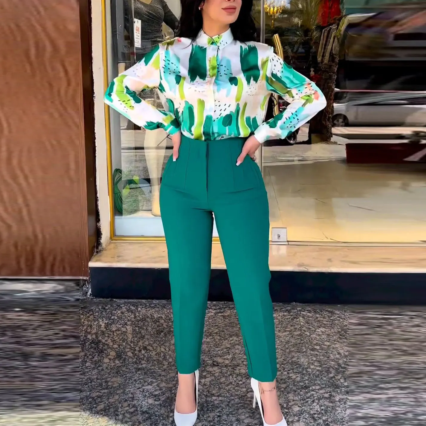 African Clothes for Women Summer Elegant African Women Long Sleeve Printing 2pieces Set Shirt Long Pant Matching Sets Outfits