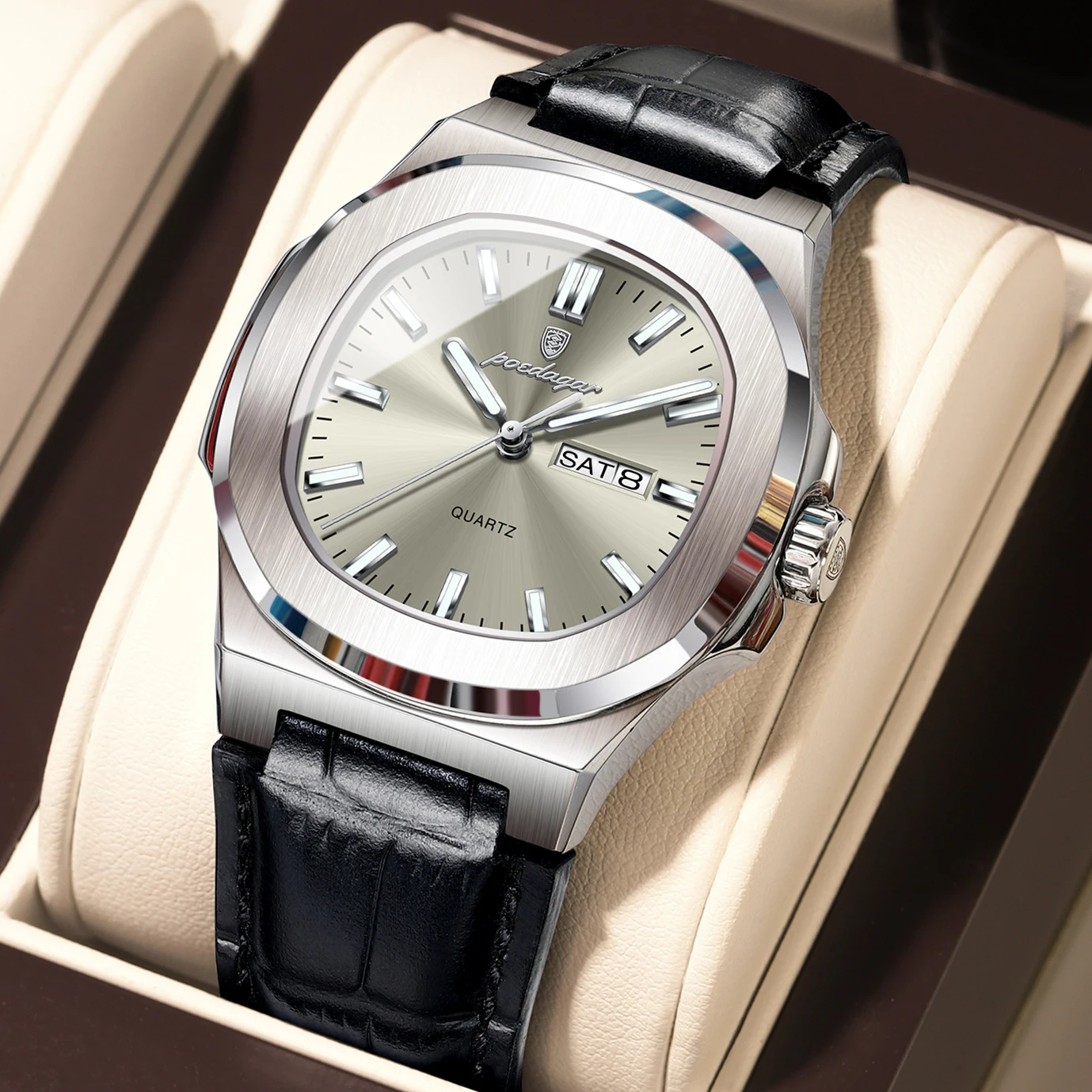 POEDAGAR Fashion Men's Watch Luxury Luminous Waterproof Week Date Man Clock Leather Quartz Business Watches For Men Reloj Hombre