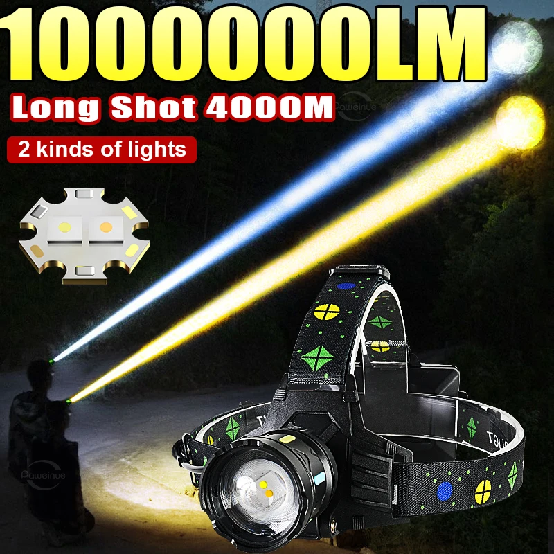 

1000000LM 2*LED Head Lamp Super Bright USB Rechargeable Long Shot 4000M Portable Head Flashlight Outdoor Fishing Emergency Zoom
