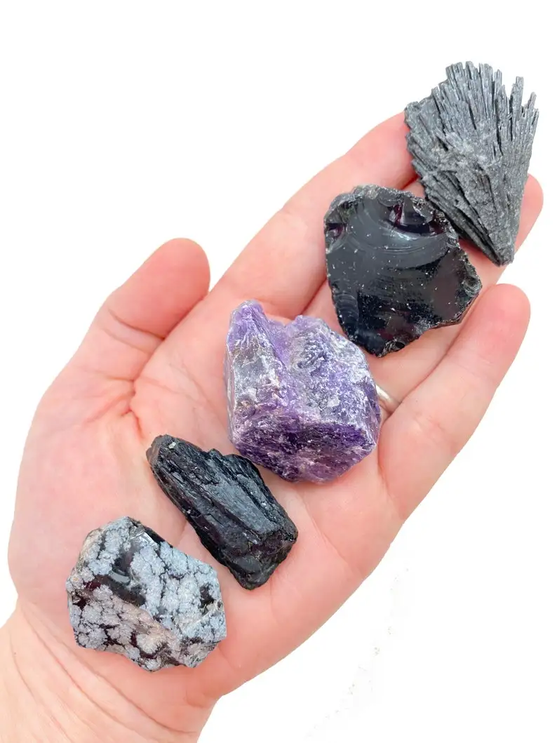 Negative Energy Protection Set  Amethyst Black Tourmaline Snowflake Obsidian Black Kyanite and Black Obsidian Crystal Shield Set