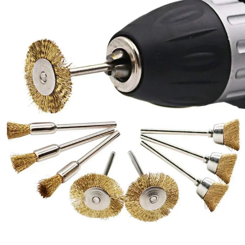 9 Pieces of Metal Derusting Wire Brass Wheel Brush Set, Polished 3mm Handle with Rotary Tool