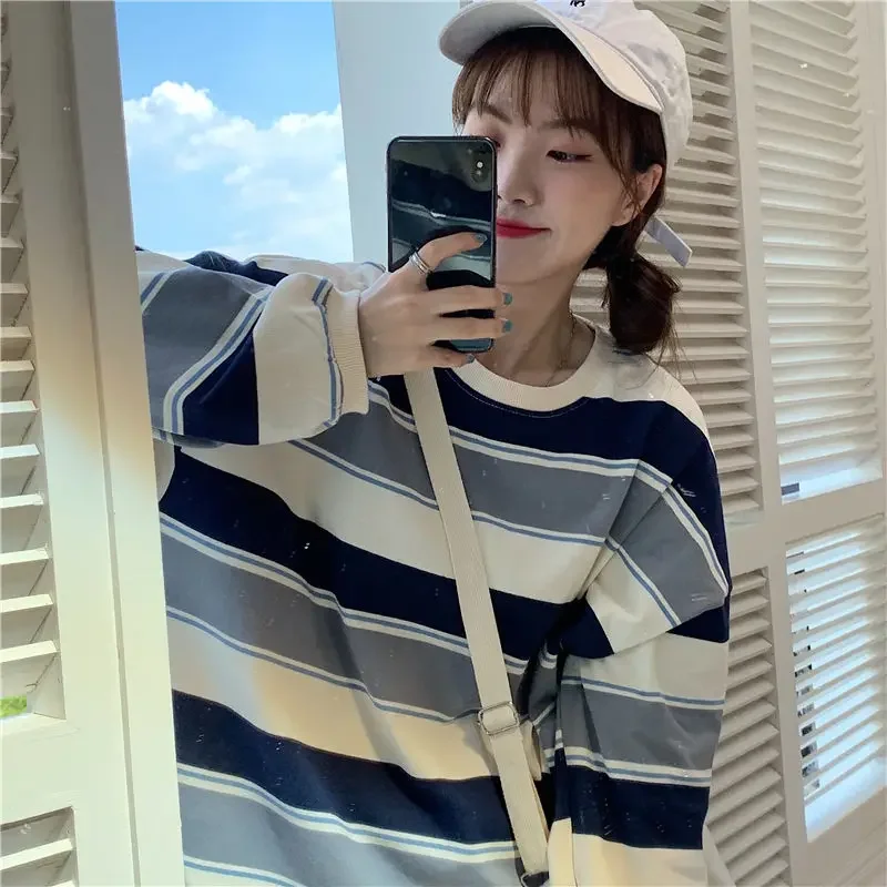 

Fashion Striped Women's Cotton Long Sleeve T-Shirts Sweatshirts Pullovers For Women Fall Blouse Tops Korean Clothes Style