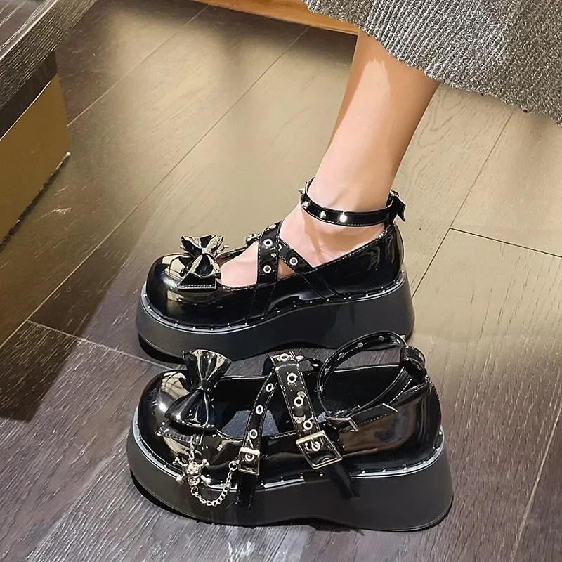 Punk Goth Chunky Platform Pumps Women 2023 Autumn Bowtie Wedges Mary Jane Lolita Shoes Woman Heart Ankle Buckle Black Shoes