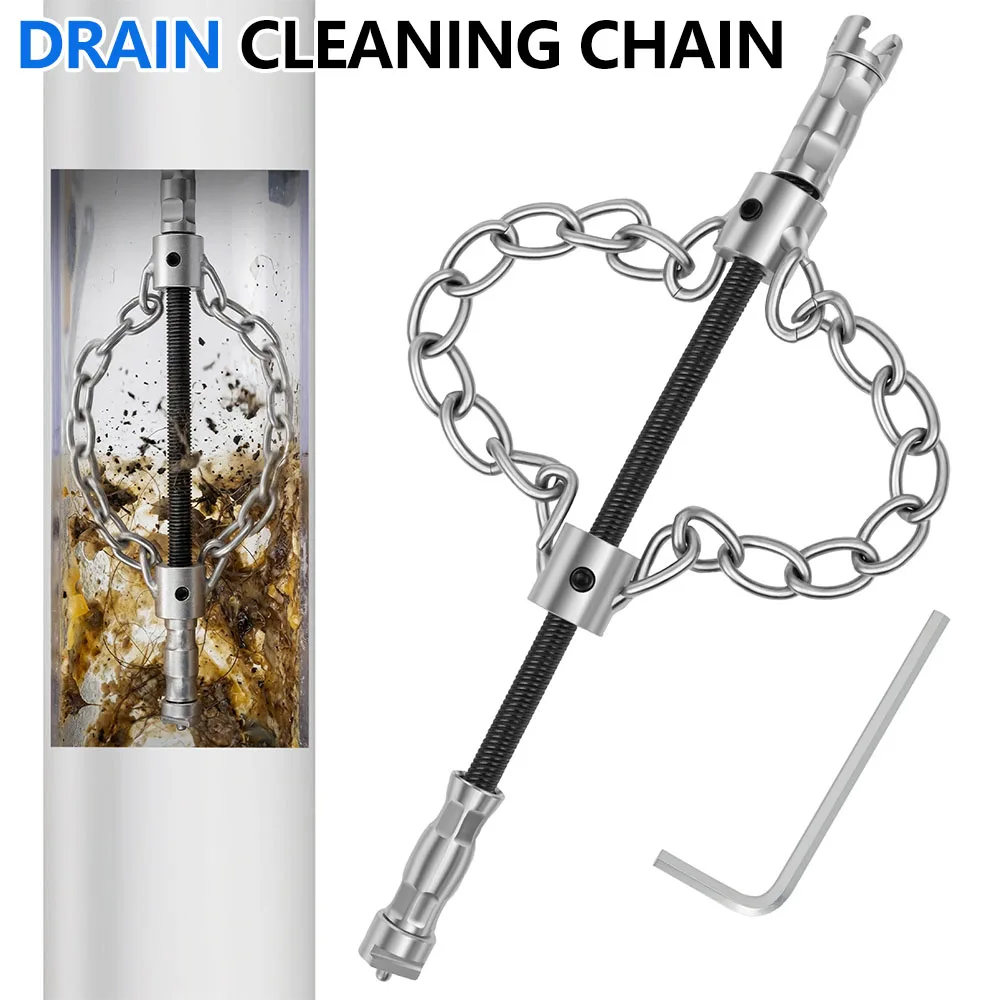 Flex Shaft Sewer Descaling Chain Metal 16mm Dual Chain Pipe Cleaning Tool Kitchen Sink Bathroom Tub Drain Cleaner Attachment