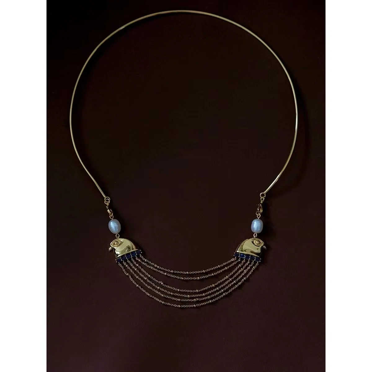 

Ancient Egyptian Tomb Amulet Jewelry 9 10K Real Gold Eagle Head Pearl Neck Choker Chain Necklace Vintage Byzantium Fine Jewelry