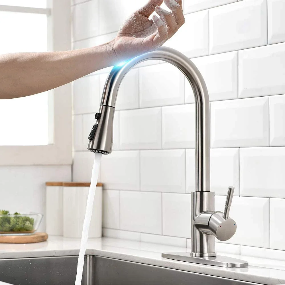 

Touch Kitchen Faucets Pull Down Sprayer Latest Upgrade Smart Sink with Deck Plate Stainless Steel Brushed Nickle