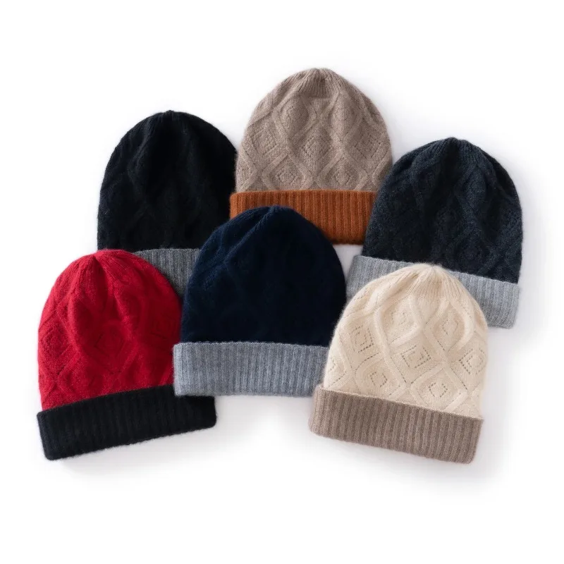 Women's 100% Cashmere Flipped Knitted Beanie Color Blocking Embroidery Windproof Warm Outdoor Ear Protection Elegant Bonnet